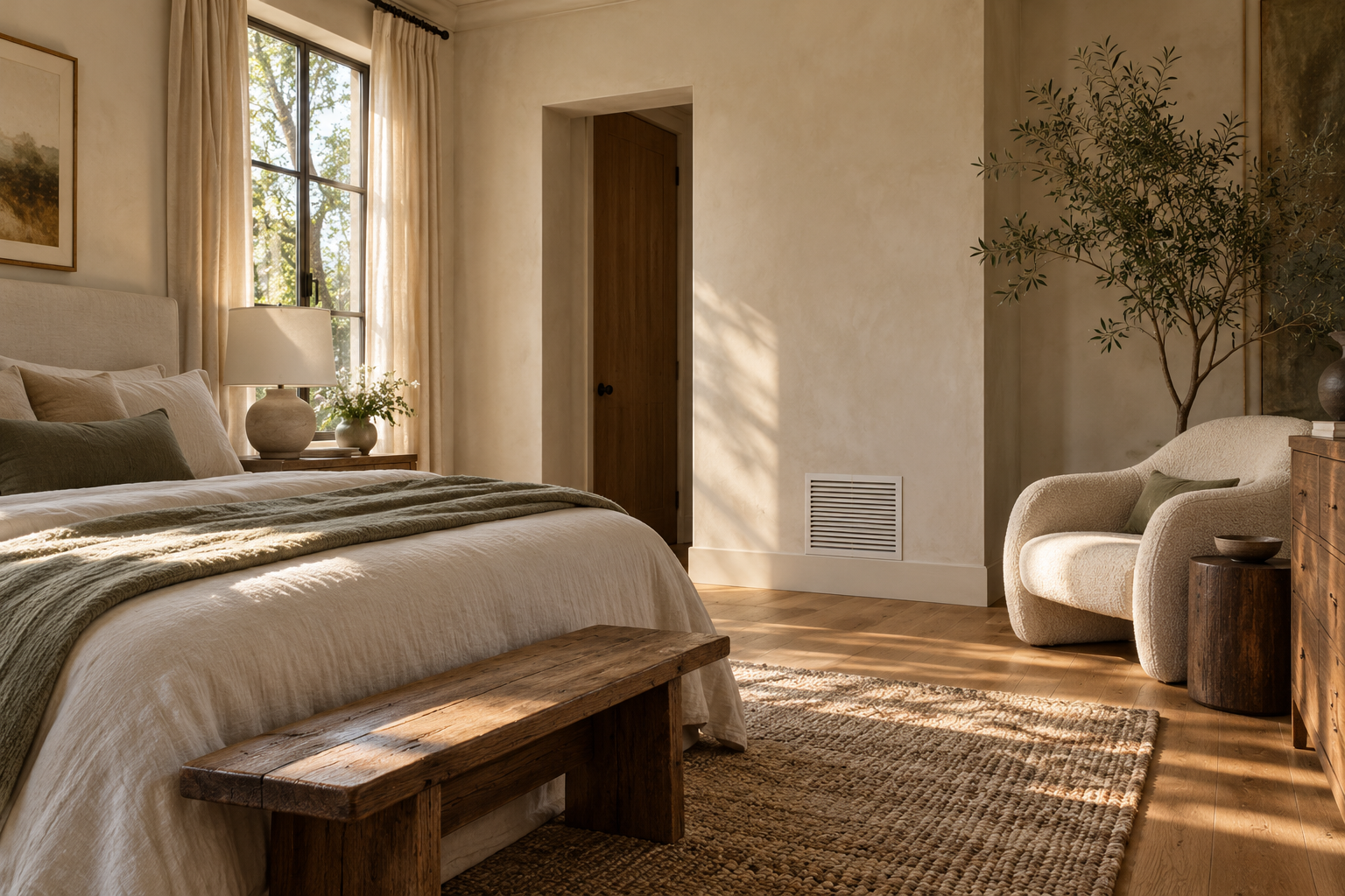 Quiet bedroom interior with a subtle HVAC return vent