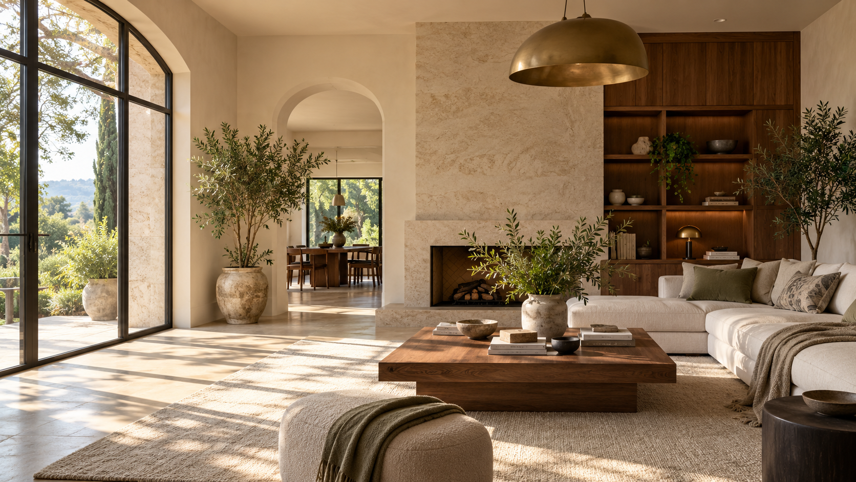 Warm, sunlit living room with limestone, walnut and linen details